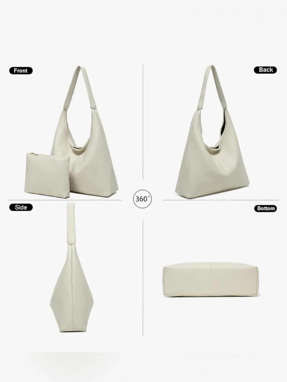 NWT Cream Ivory Slouchy Hobo Shoulder Bag & Matching Pouch Vegan Leather